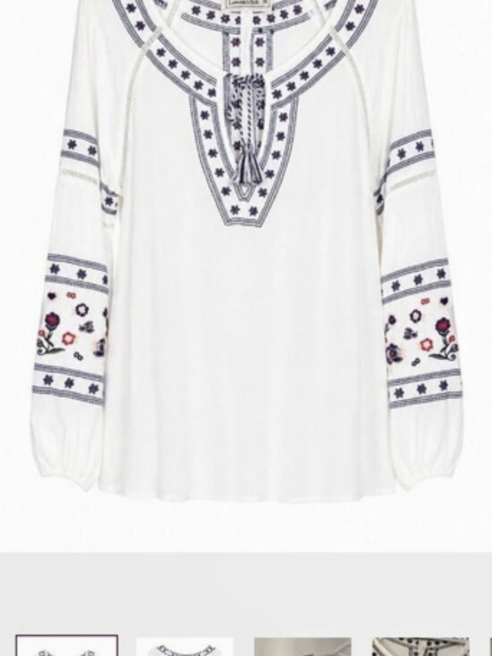 Abercrombie & Fitch Embroidered Tassel V-Neck Peasant Blouse White & Blue XS